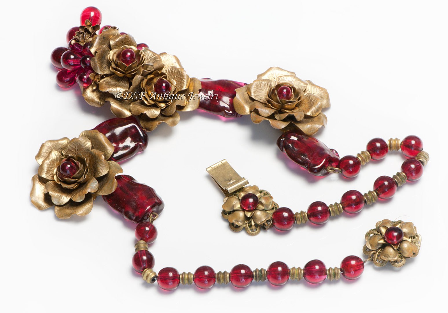 Chanel Paris Louis Rousselet 1930's Red Poured Glass Camellia Necklace