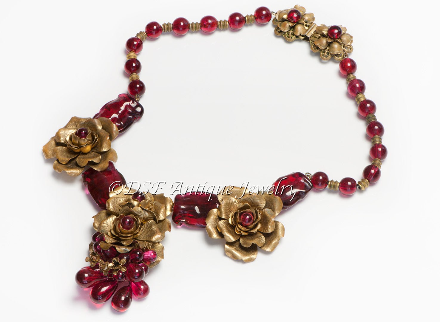 Chanel Paris Louis Rousselet 1930's Red Poured Glass Camellia Necklace