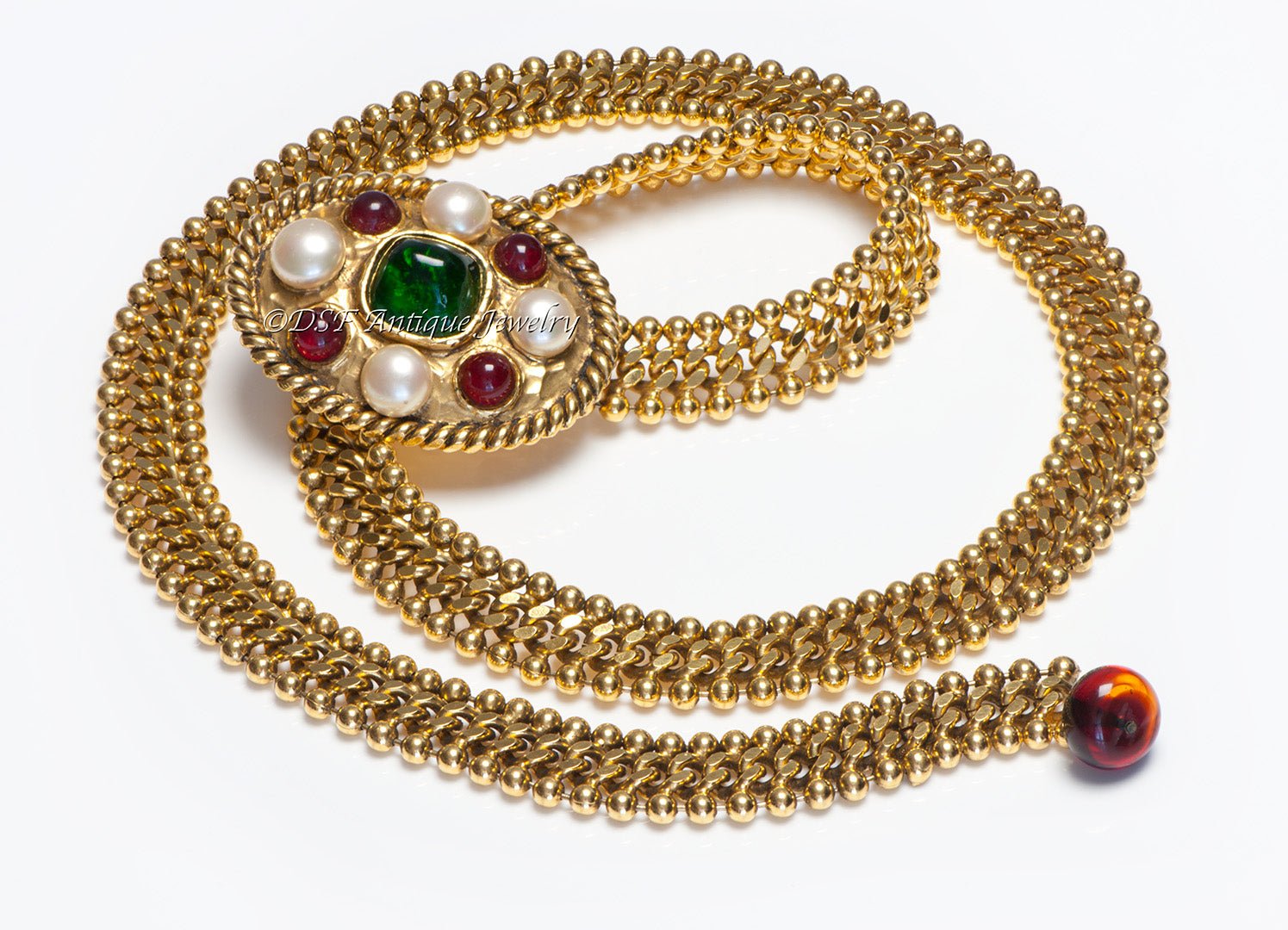 Chanel Paris Maison Gripoix 1960’s Red Green Poured Glass Pearl Chain Belt