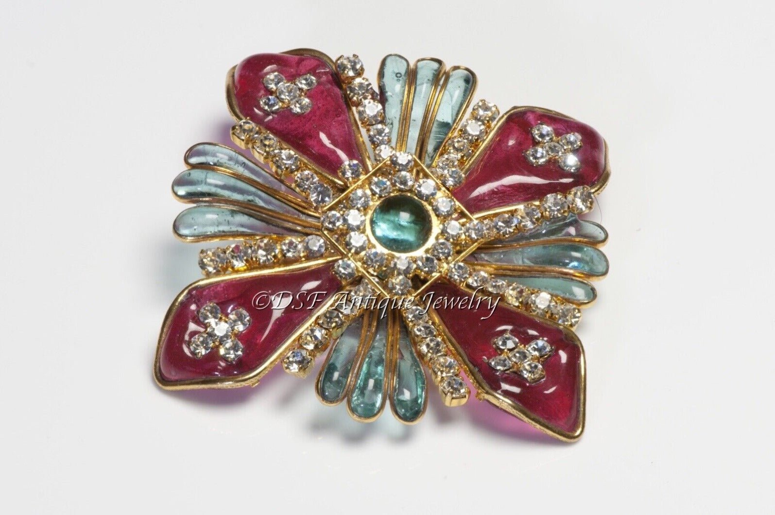 CHANEL Paris Maison Gripoix Red Blue Glass Crystal Cross Flower Brooch