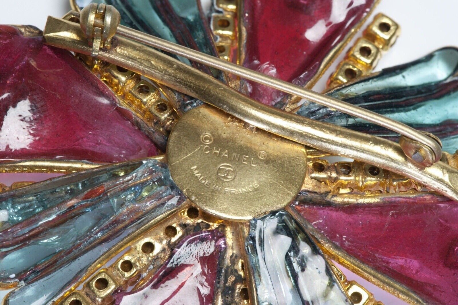 CHANEL Paris Maison Gripoix Red Blue Glass Crystal Cross Flower Brooch