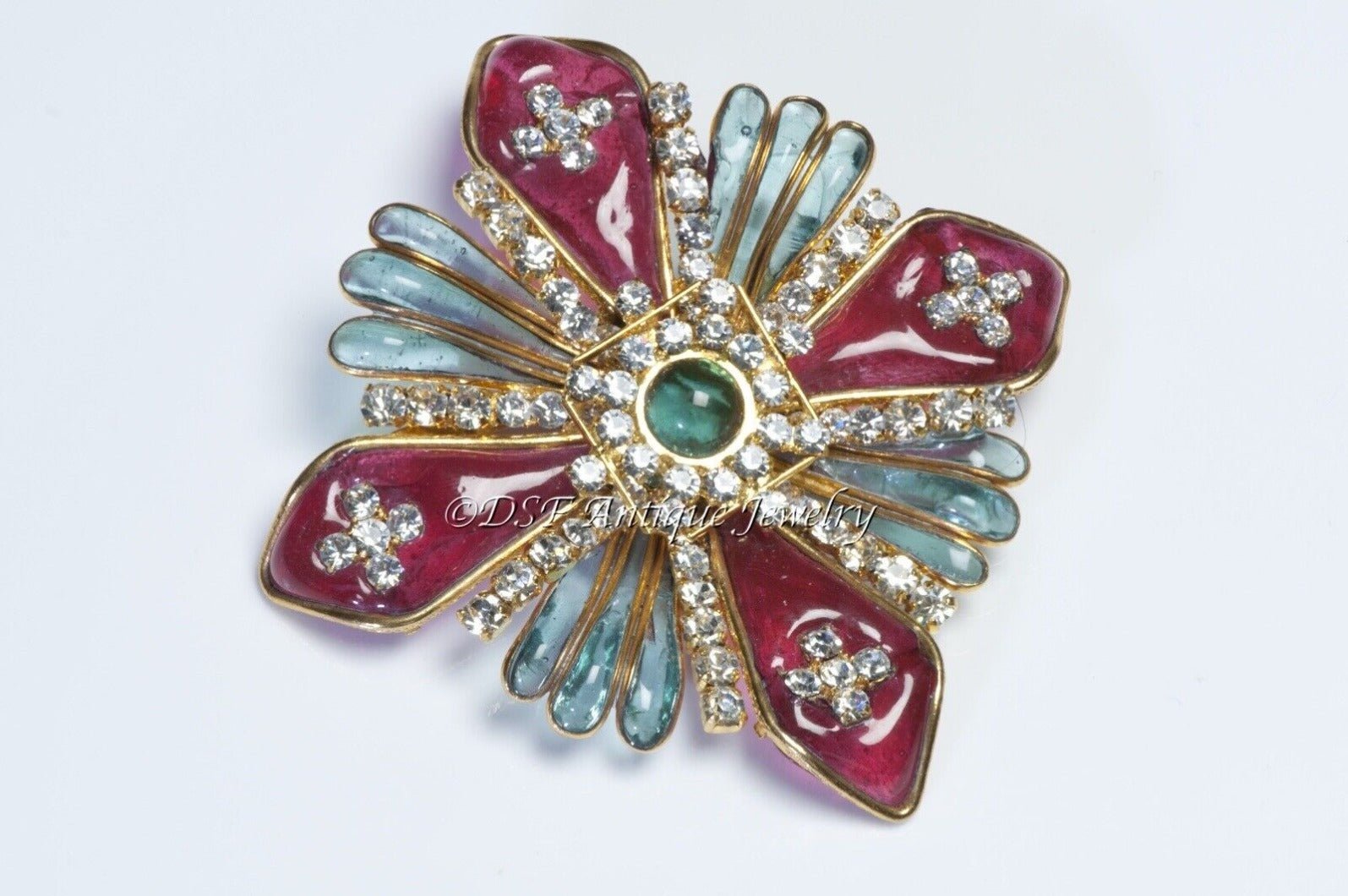 CHANEL Paris Maison Gripoix Red Blue Glass Crystal Cross Flower Brooch