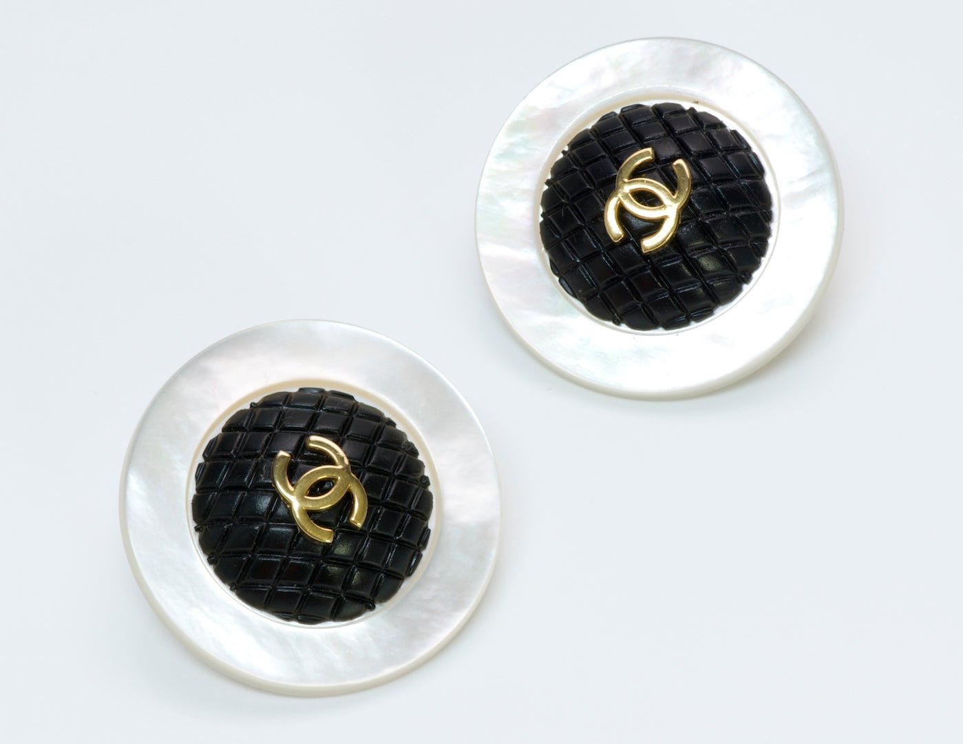 Chanel Paris Mother of Pearl CC Black Quilted Earrings