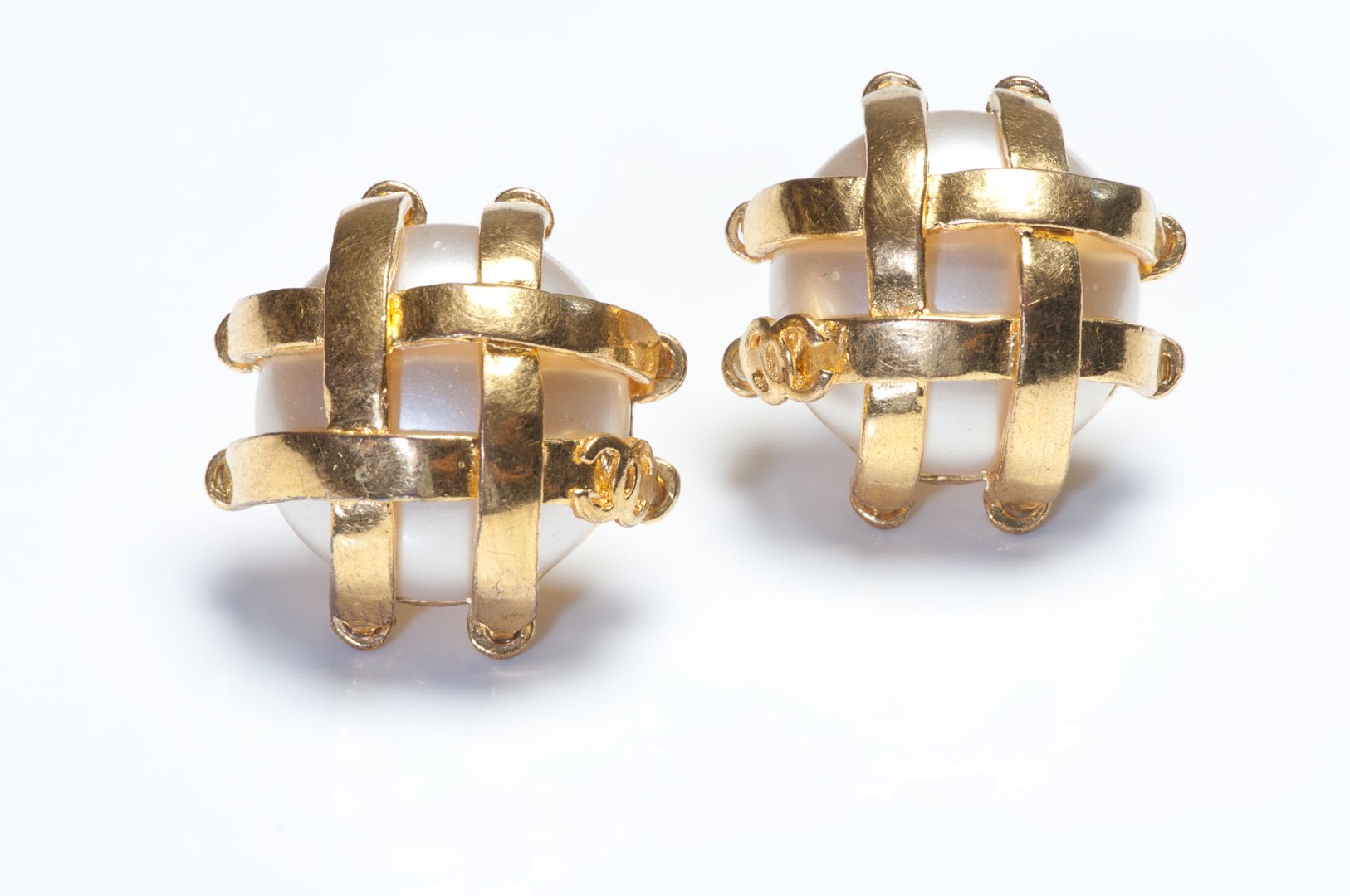Chanel Paris Spring 1993 CC Gold Plated Caged Pearl Earrings