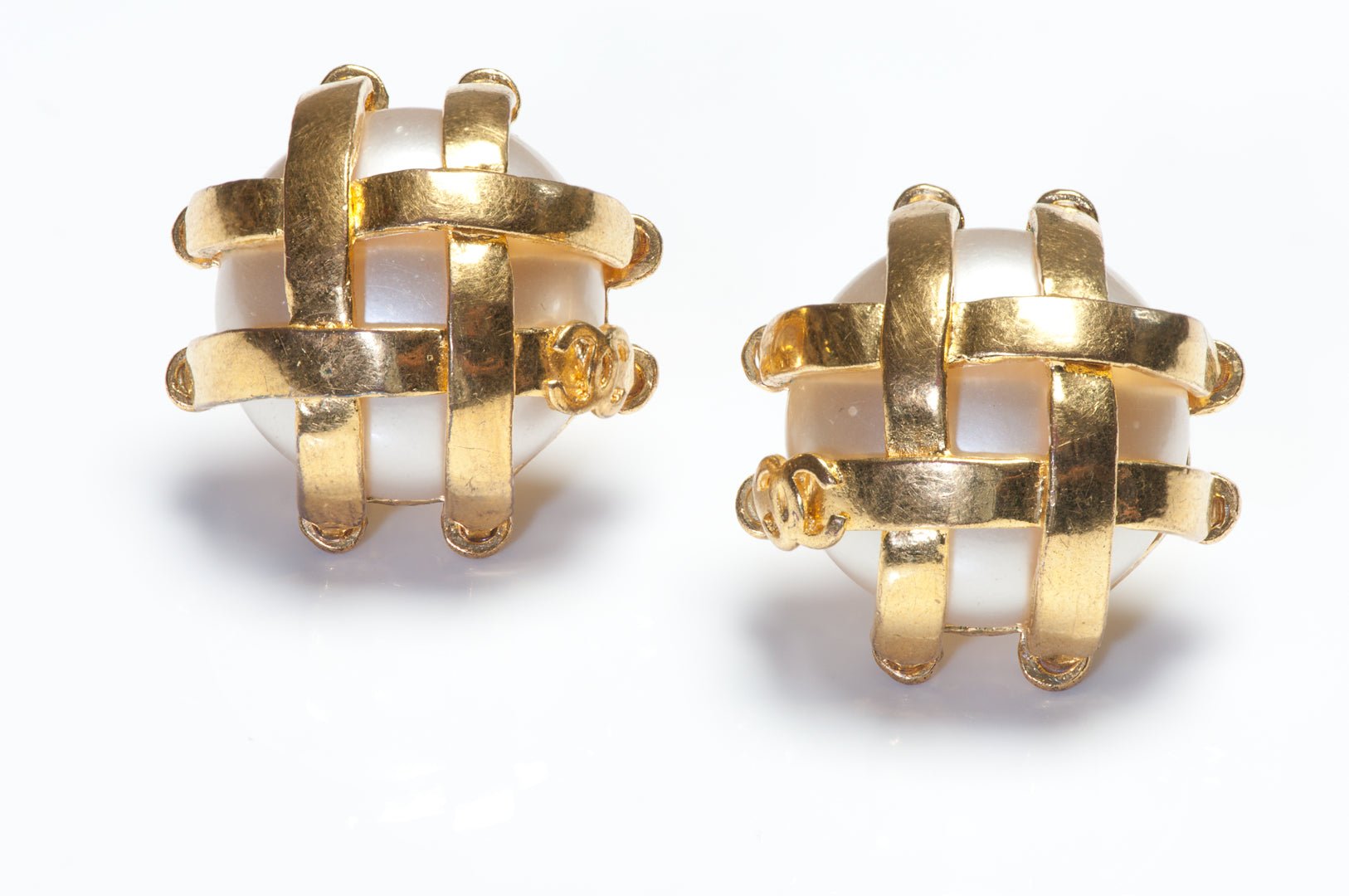 Chanel Paris Spring 1993 CC Gold Plated Caged Pearl Earrings