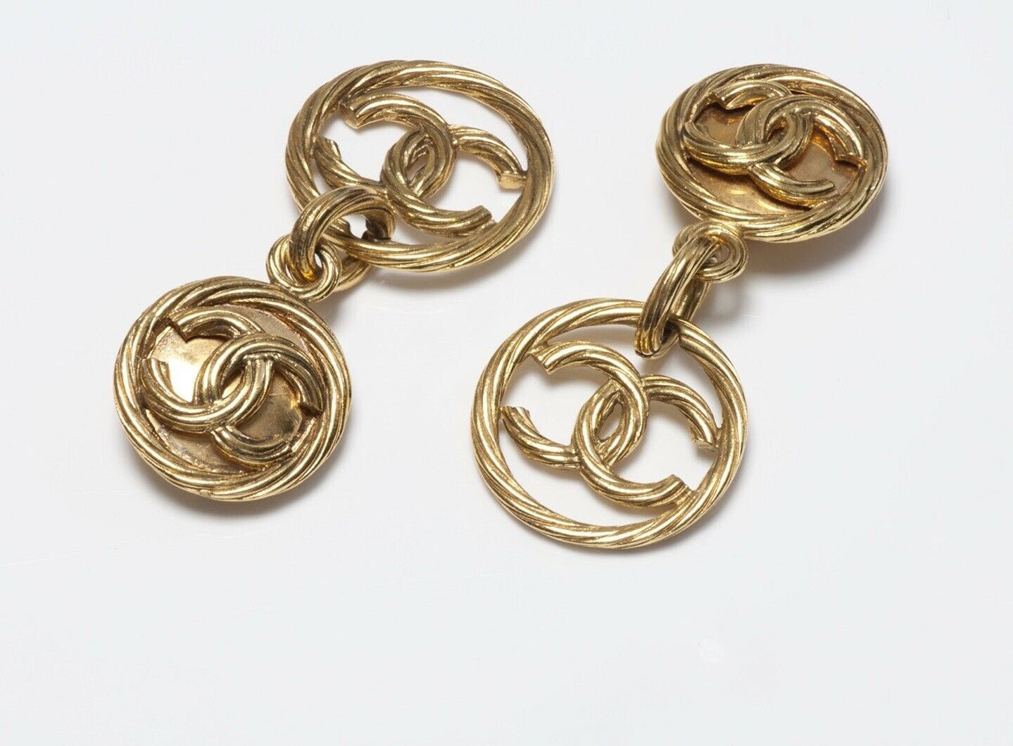CHANEL Paris Spring 1993 Long Gold Plated CC Logo Earrings