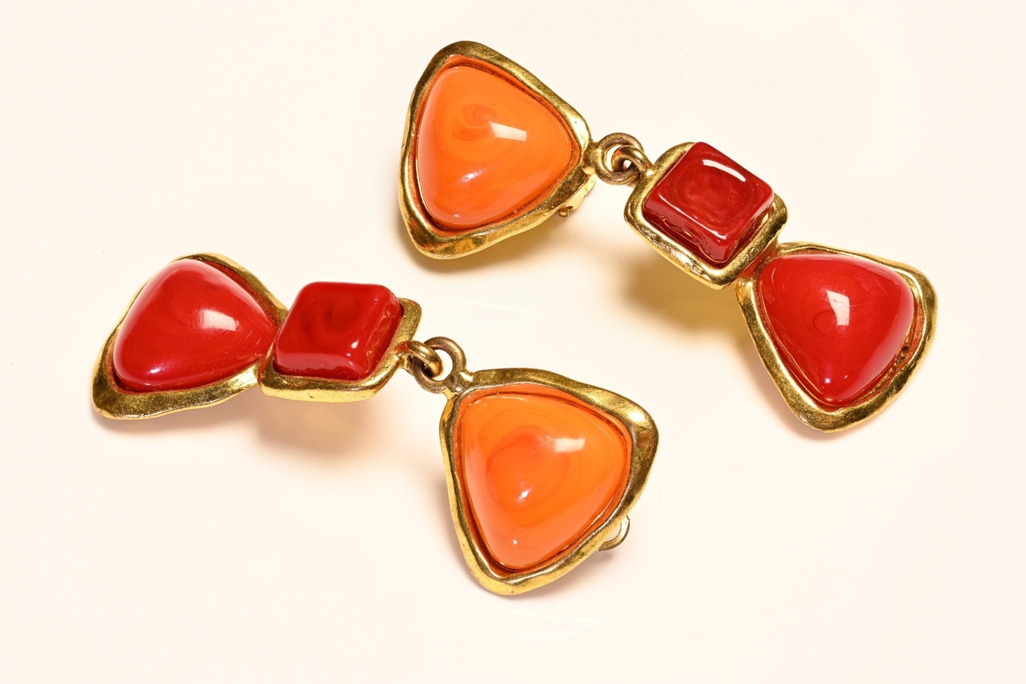 Chanel Paris Spring 1993 Maison Gripoix Long Red Orange Poured Glass Earrings