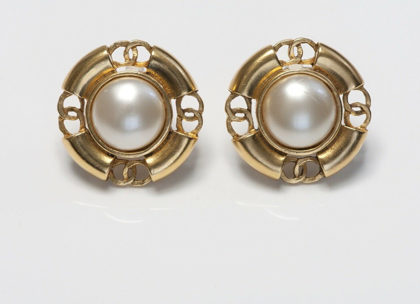 CHANEL Paris Spring 1994 Gold Plated CC Pearl Earrings