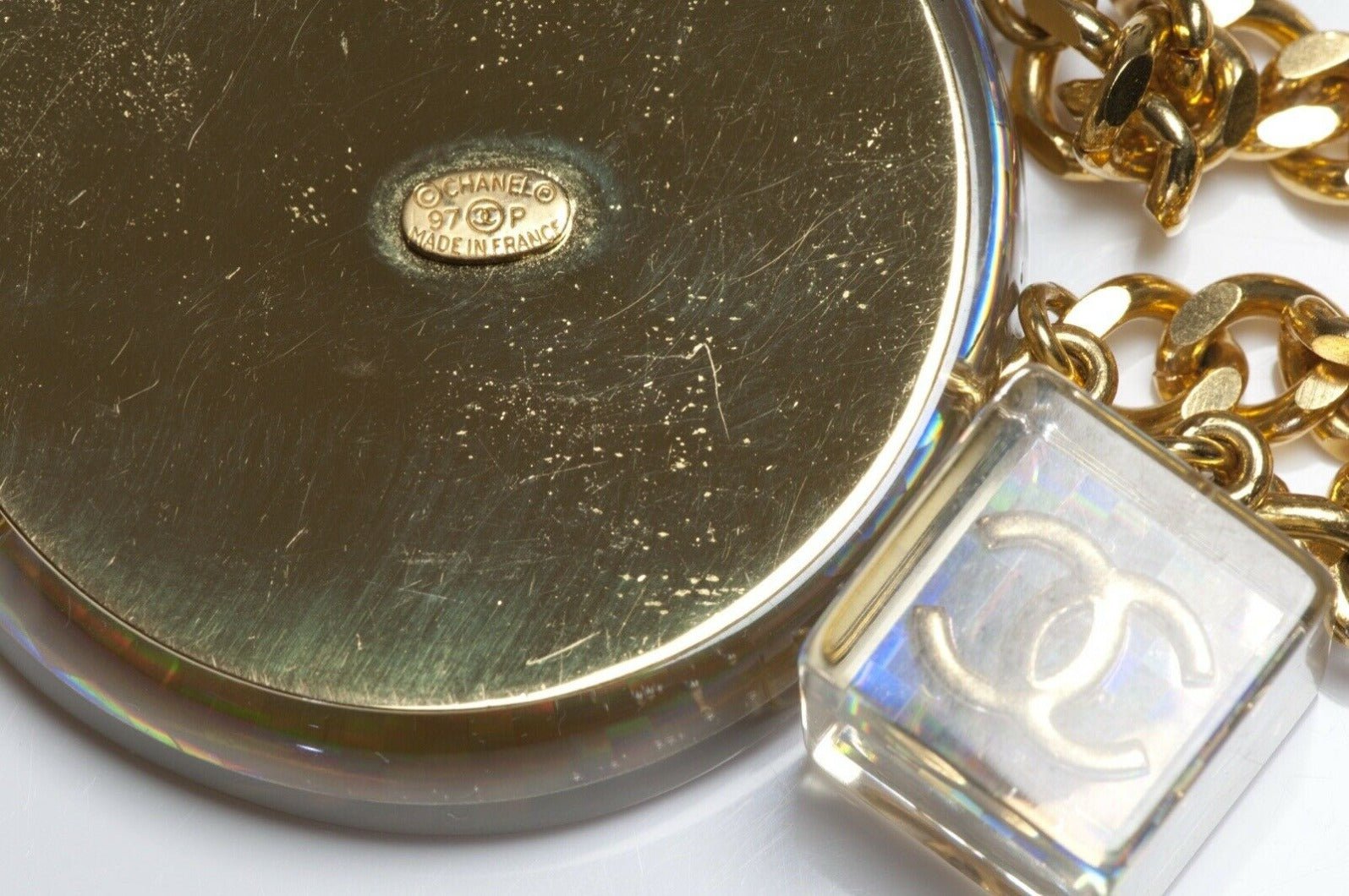 CHANEL Paris Spring 1997 CC Holographic Lucite Charm Chain Belt