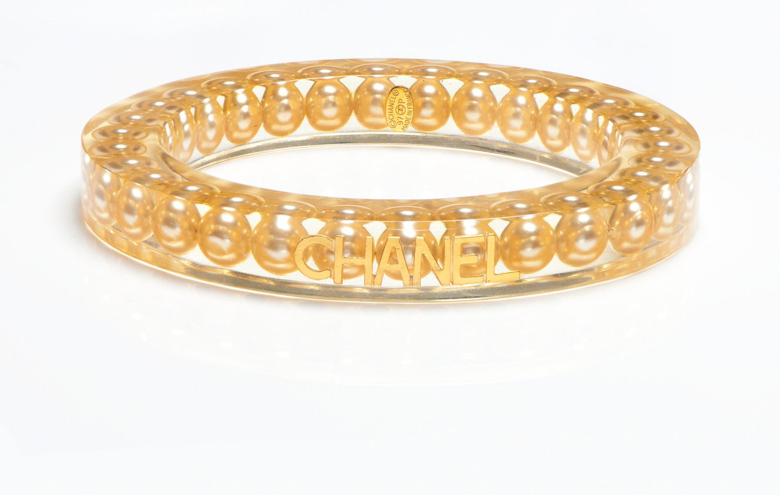 Chanel Paris Spring 1997 Pearl Lucite Logo CC Bangle Bracelet