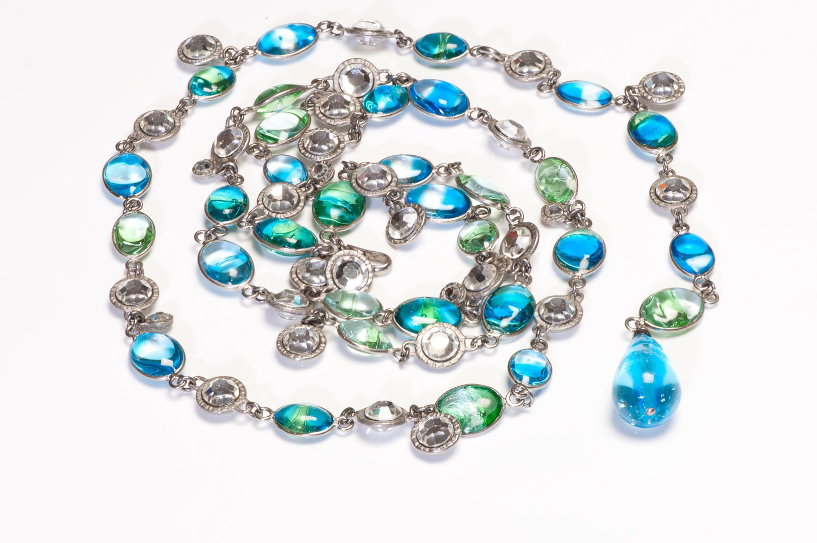 Chanel Paris Spring 1998 Gripoix Green Blue Poured Glass Crystal Chain Belt