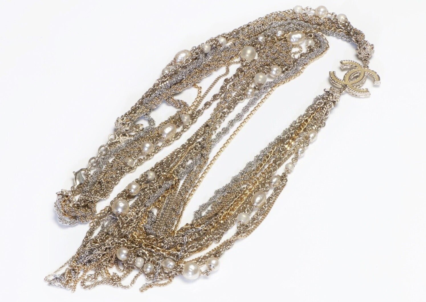 CHANEL Paris Spring 2012 Two Tone Chain CC Pearl Enamel Multi Strand Necklace