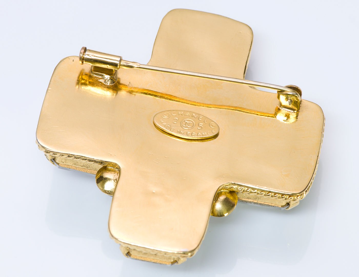 Chanel Red Blue Gripoix Glass Cross Brooch