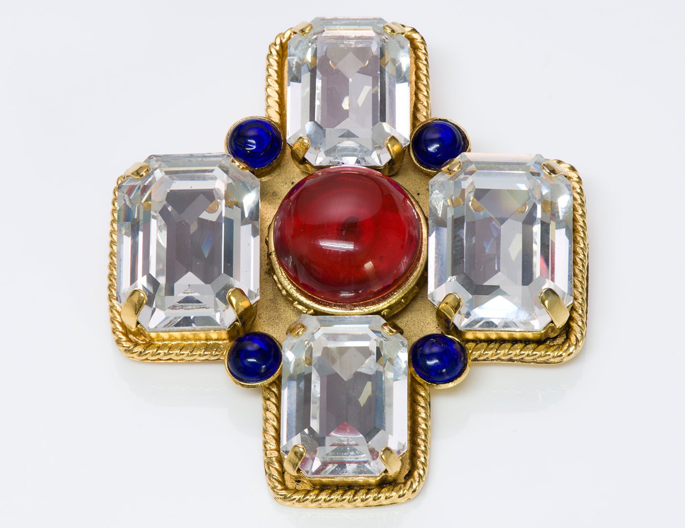 Chanel Red Blue Gripoix Glass Cross Brooch
