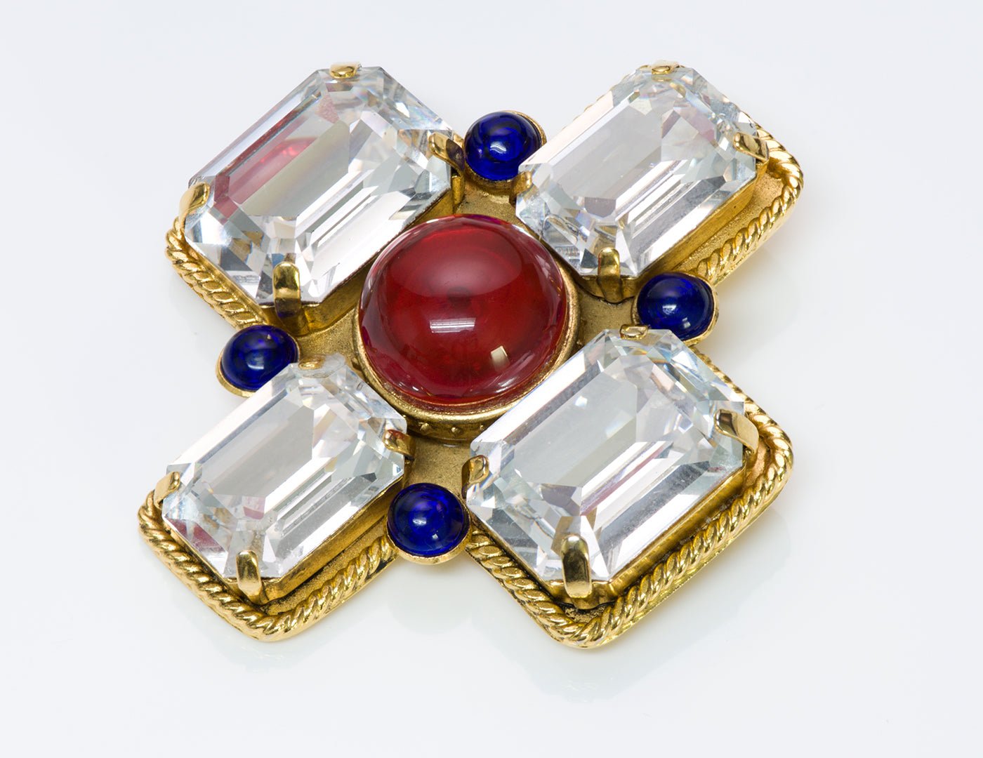 Chanel Red Blue Gripoix Glass Cross Brooch