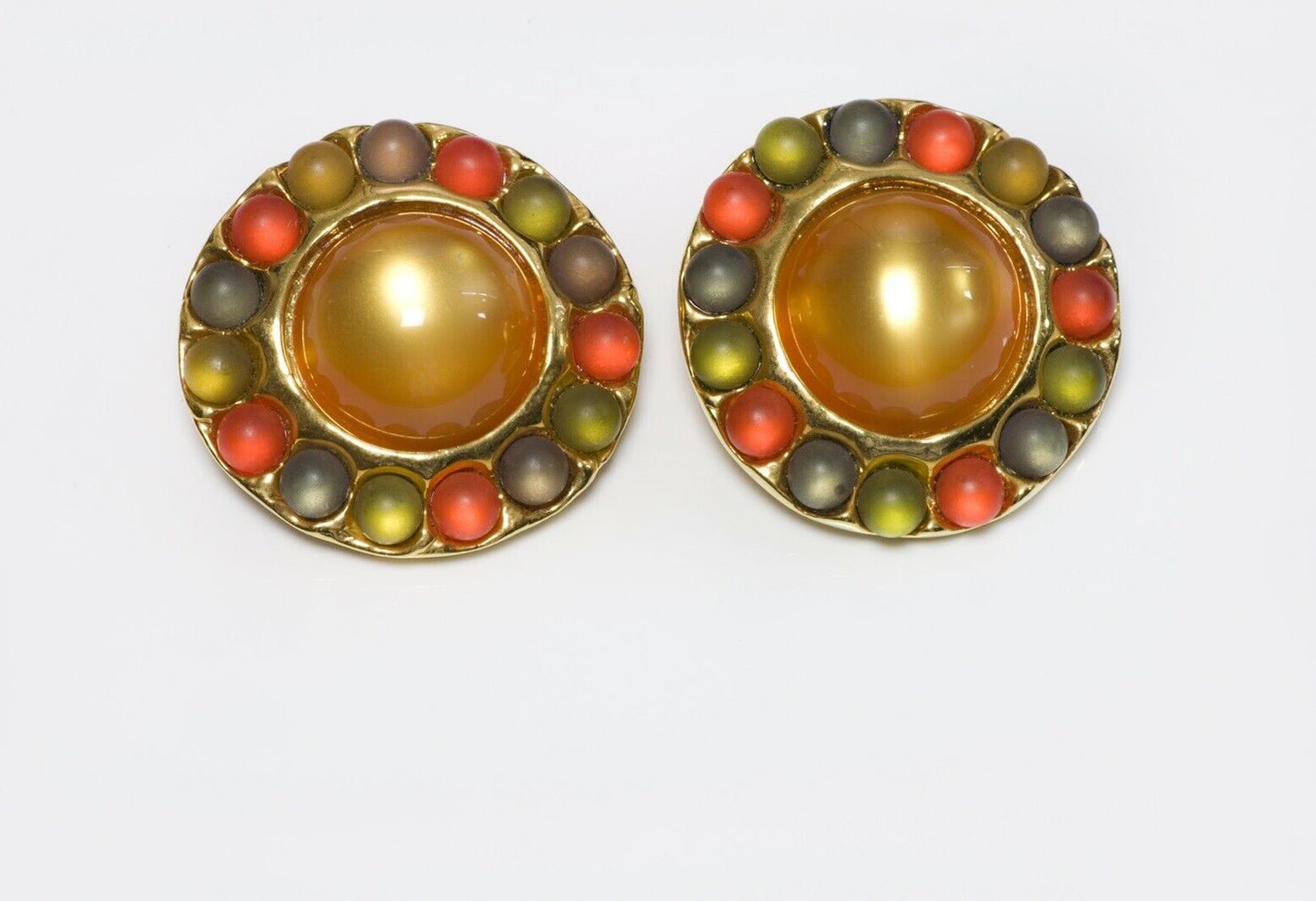 CHANEL Runway 1991 Multicolor Cabochon Glass Large Round Earrings