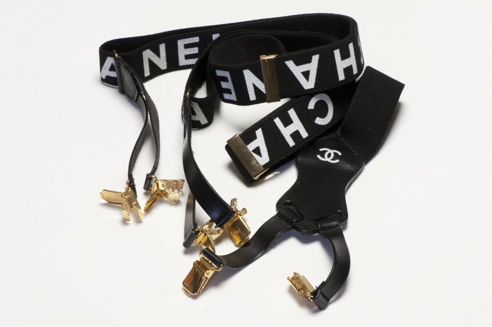 CHANEL Spring 1994 Black White Logo CC Suspenders