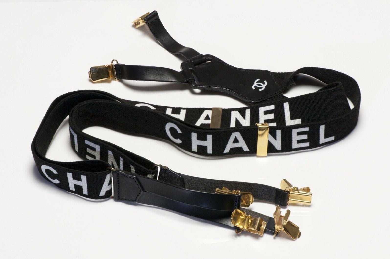 CHANEL Spring 1994 Black White Logo CC Suspenders