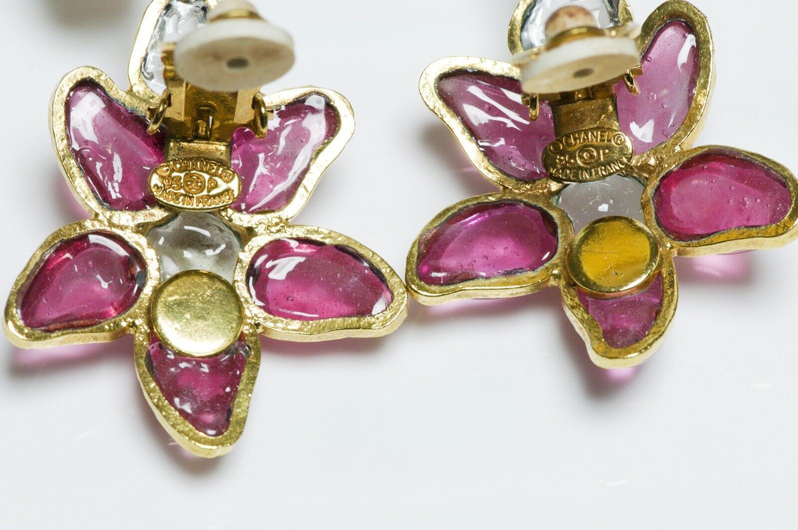 CHANEL Spring 1995 Maison GRIPOIX Camellia Flower Pink Glass Pearl Drop Earrings