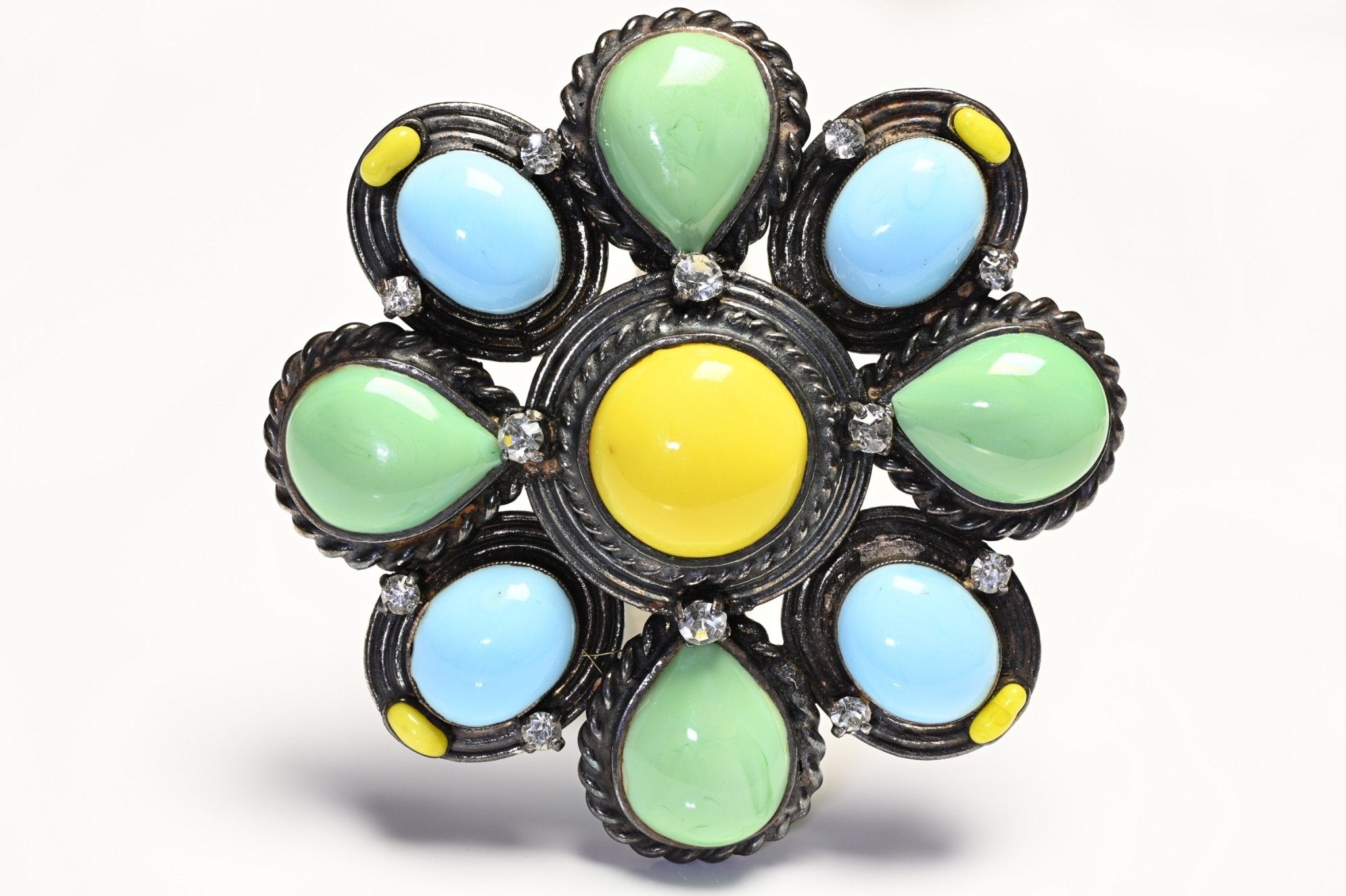 Chanel Spring 1996 Gripoix Blue Green Yellow Glass Camellia Flower Pendant Brooch