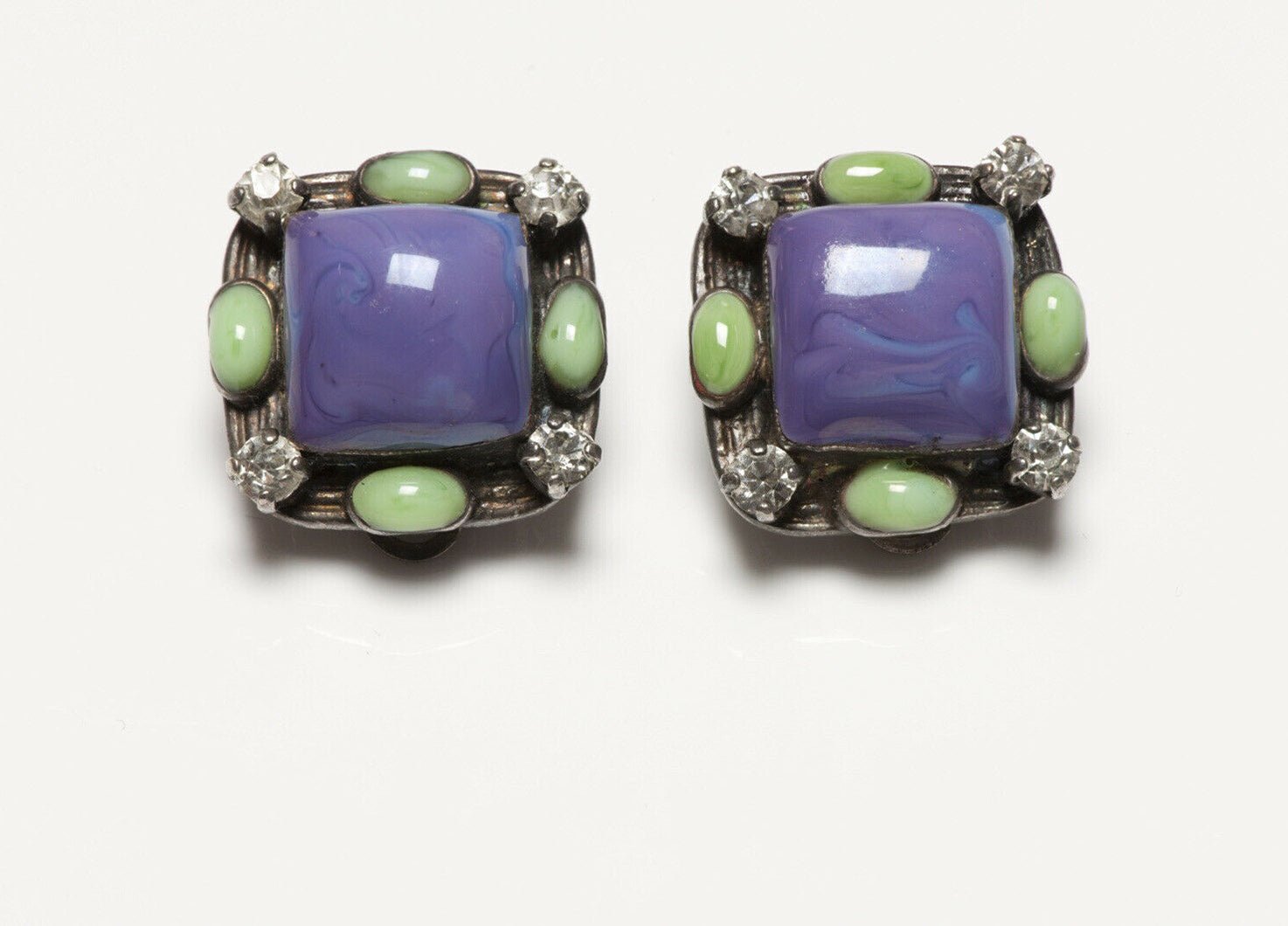 CHANEL Spring 1996 Gripoix Purple Green Poured Glass Earrings