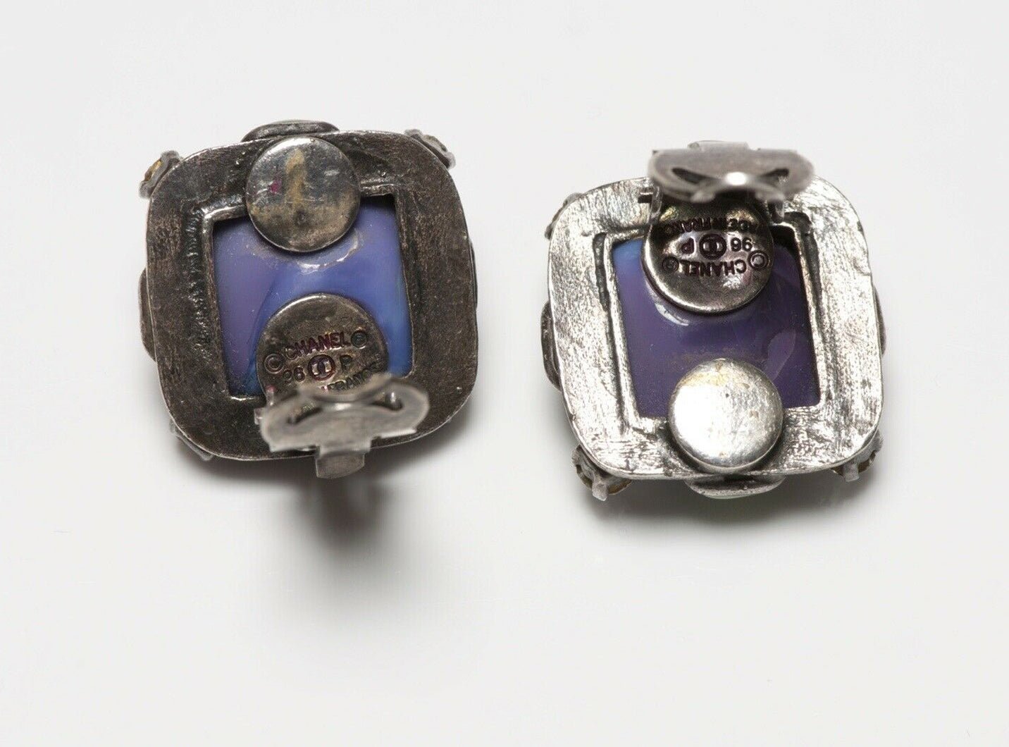 CHANEL Spring 1996 Gripoix Purple Green Poured Glass Earrings