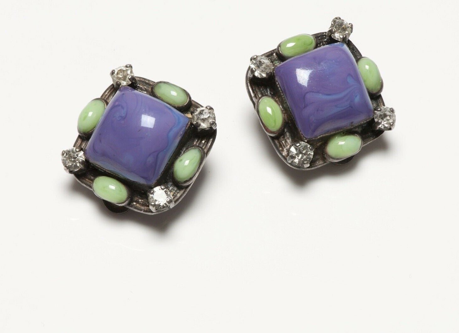 CHANEL Spring 1996 Gripoix Purple Green Poured Glass Earrings