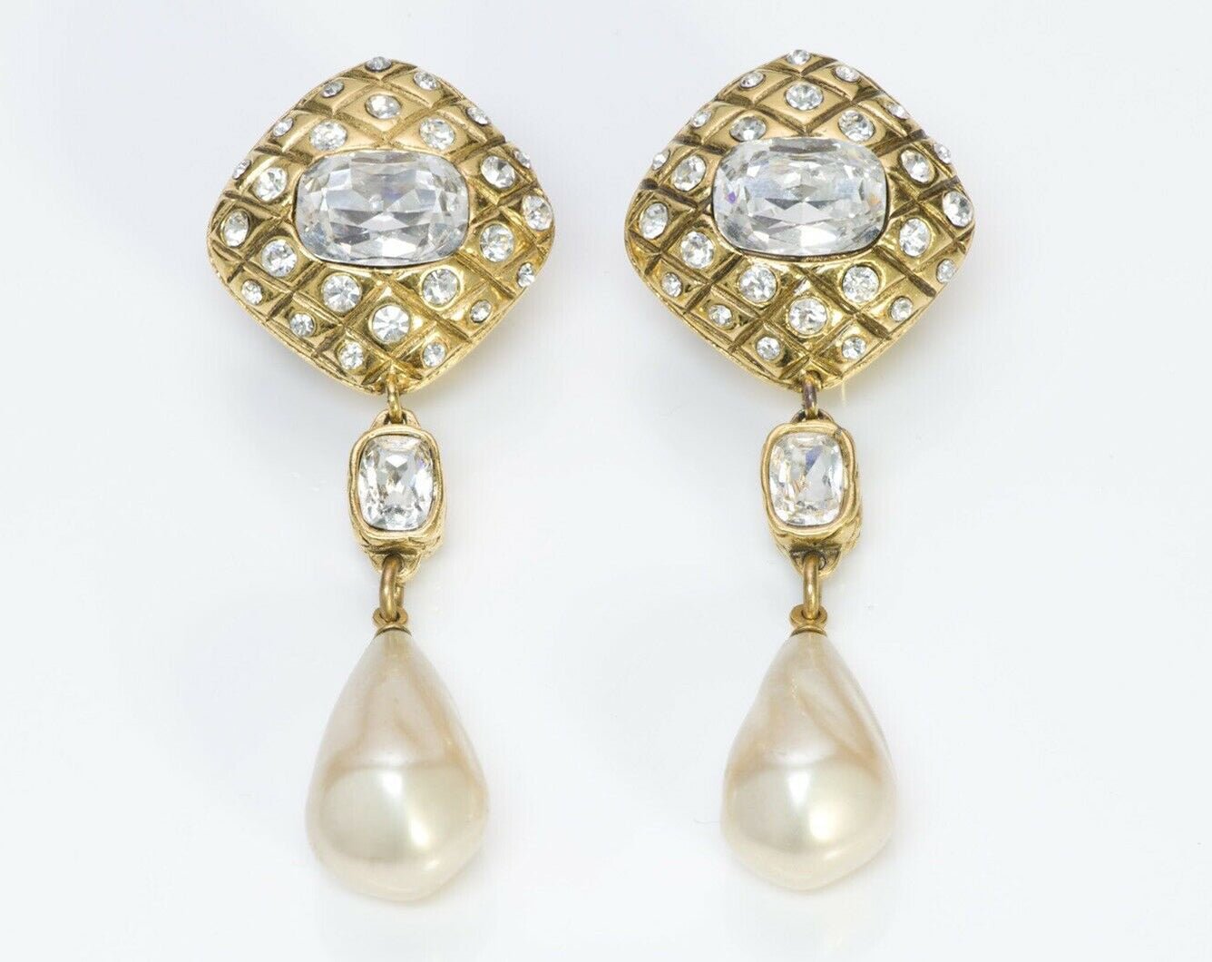 CHANEL Vintage 1980’s Long Quilted Crystal Pearl Drop Earrings