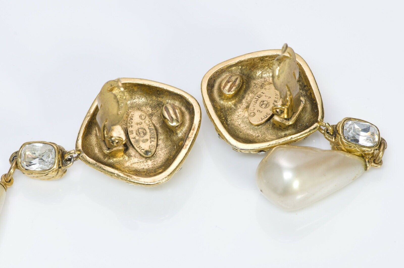 CHANEL Vintage 1980’s Long Quilted Crystal Pearl Drop Earrings