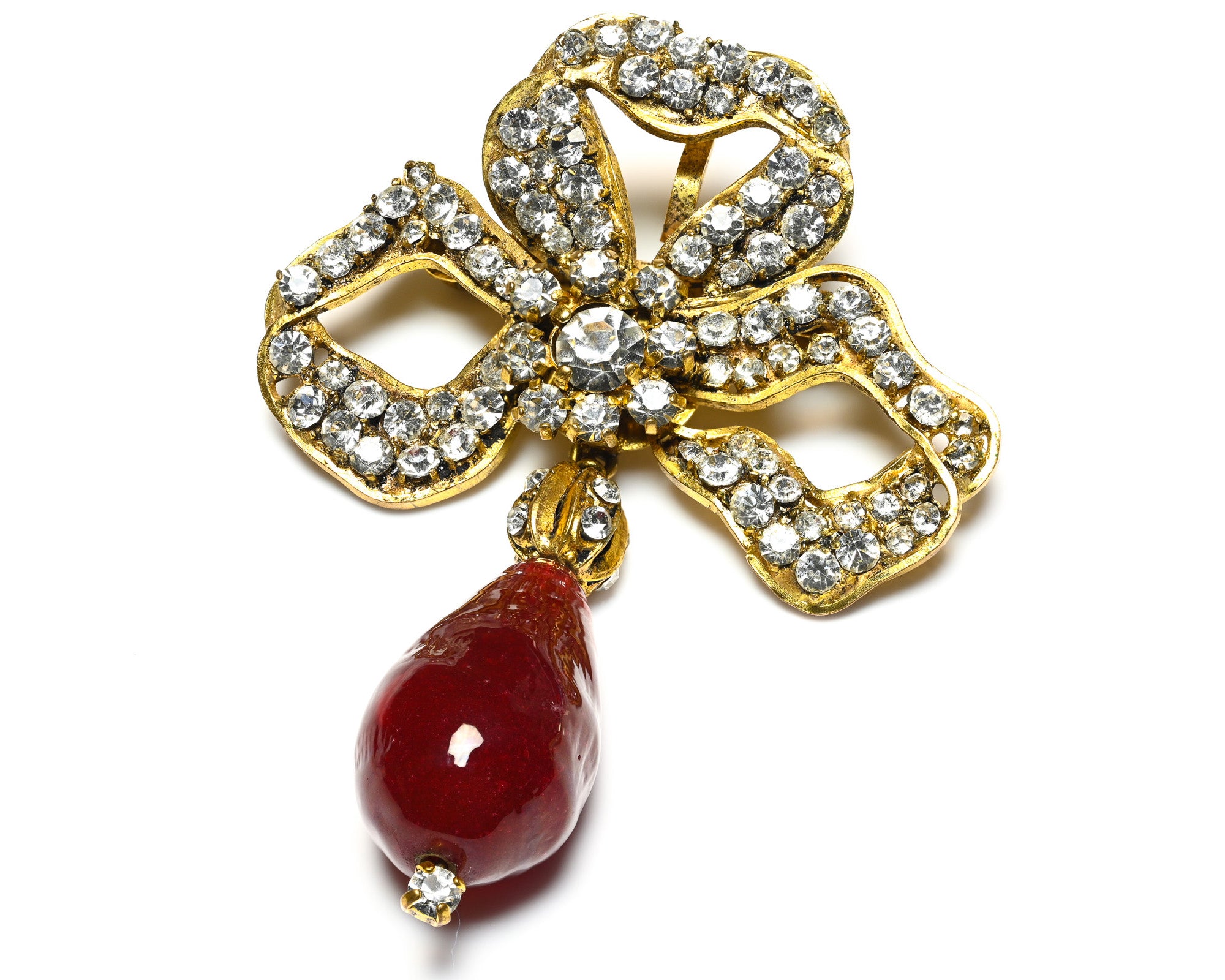 Vintage Chanel Paris Maison Gripoix Red Glass Crystal Bow Pendant Brooch