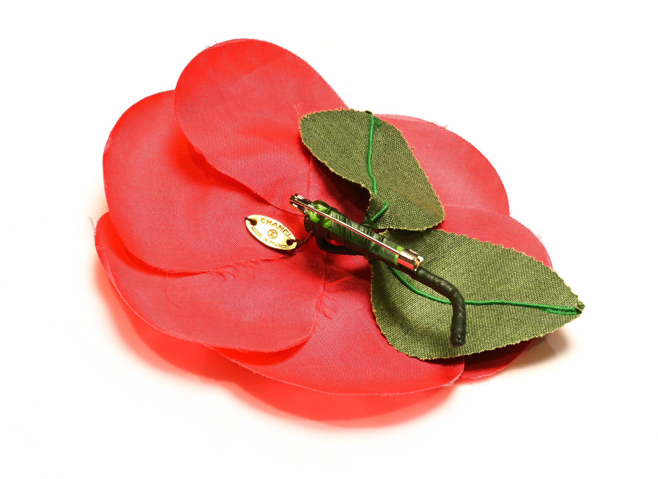 Chanel Paris Red Green 100% Silk Camellia Flower Brooch 2