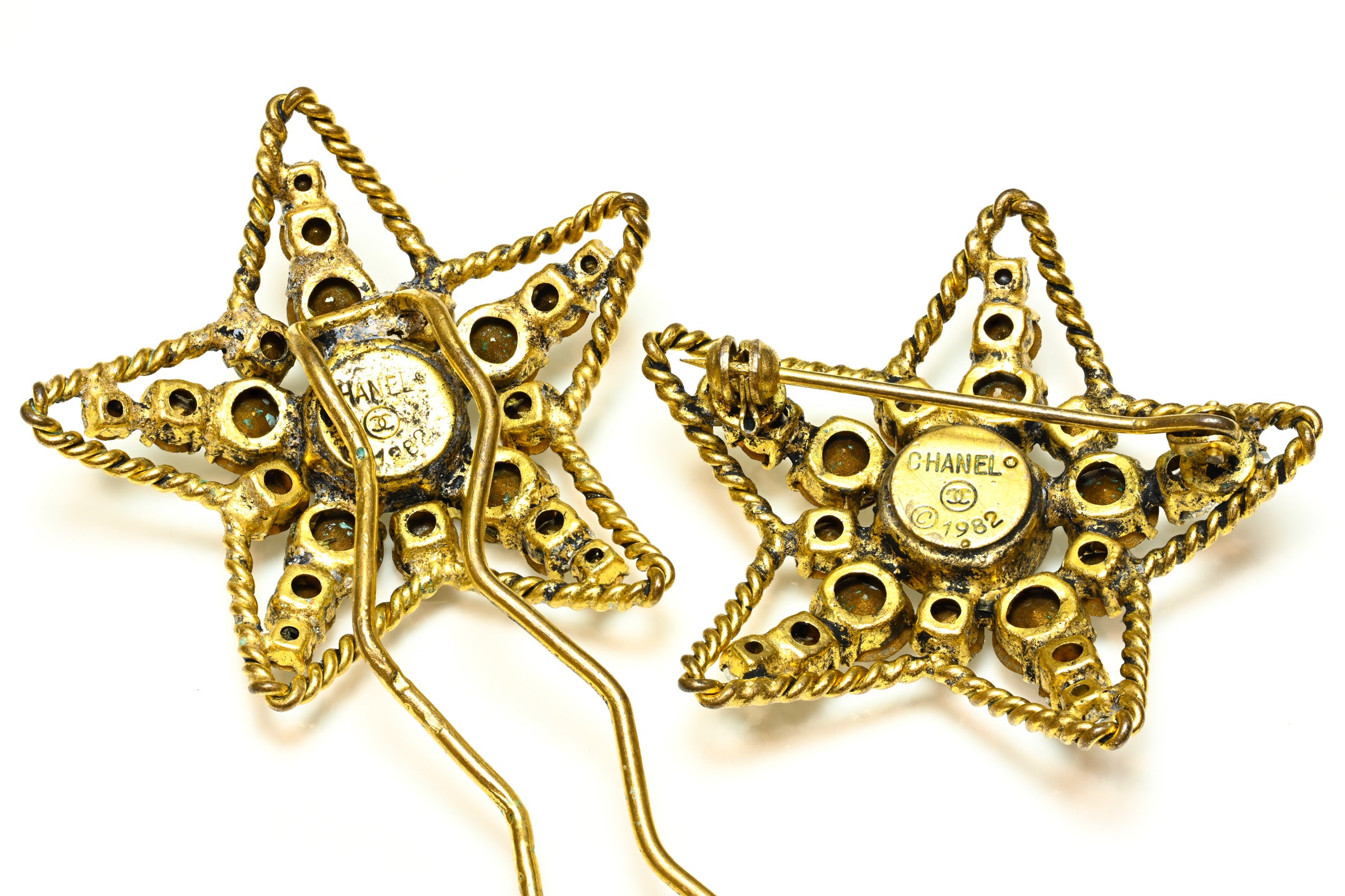 Vintage Chanel Paris 1982 Crystal Star Brooch Hairpin Set 3