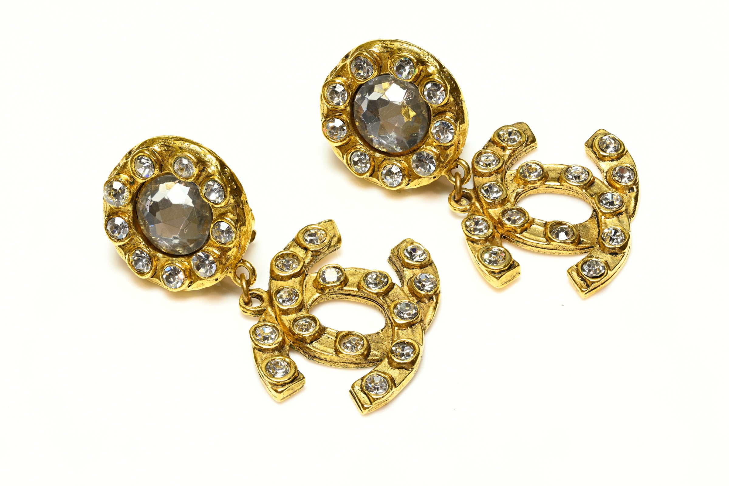 Vintage 1990's Chanel Paris Gold Plated CC Crystal Drop Earrings 1