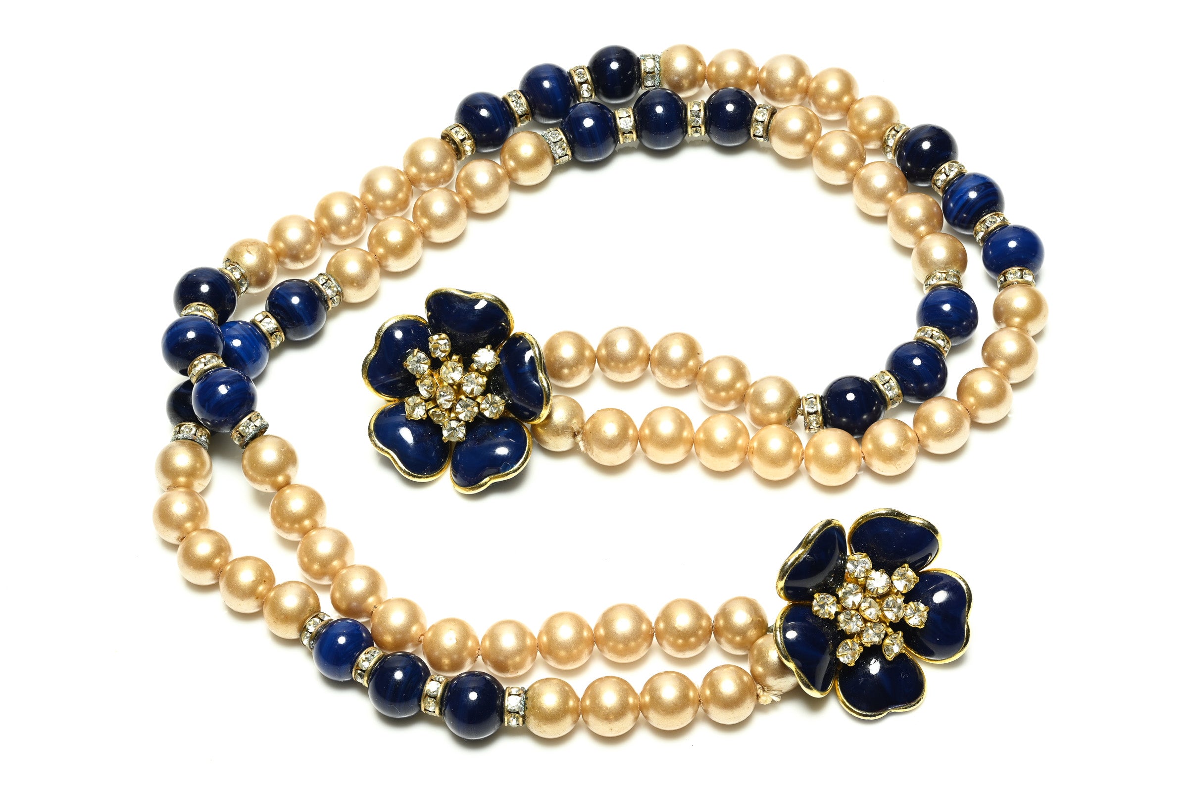 Vintage 1950's Maison Gripoix Blue Glass Beads Pearl Camellia Flower Necklace