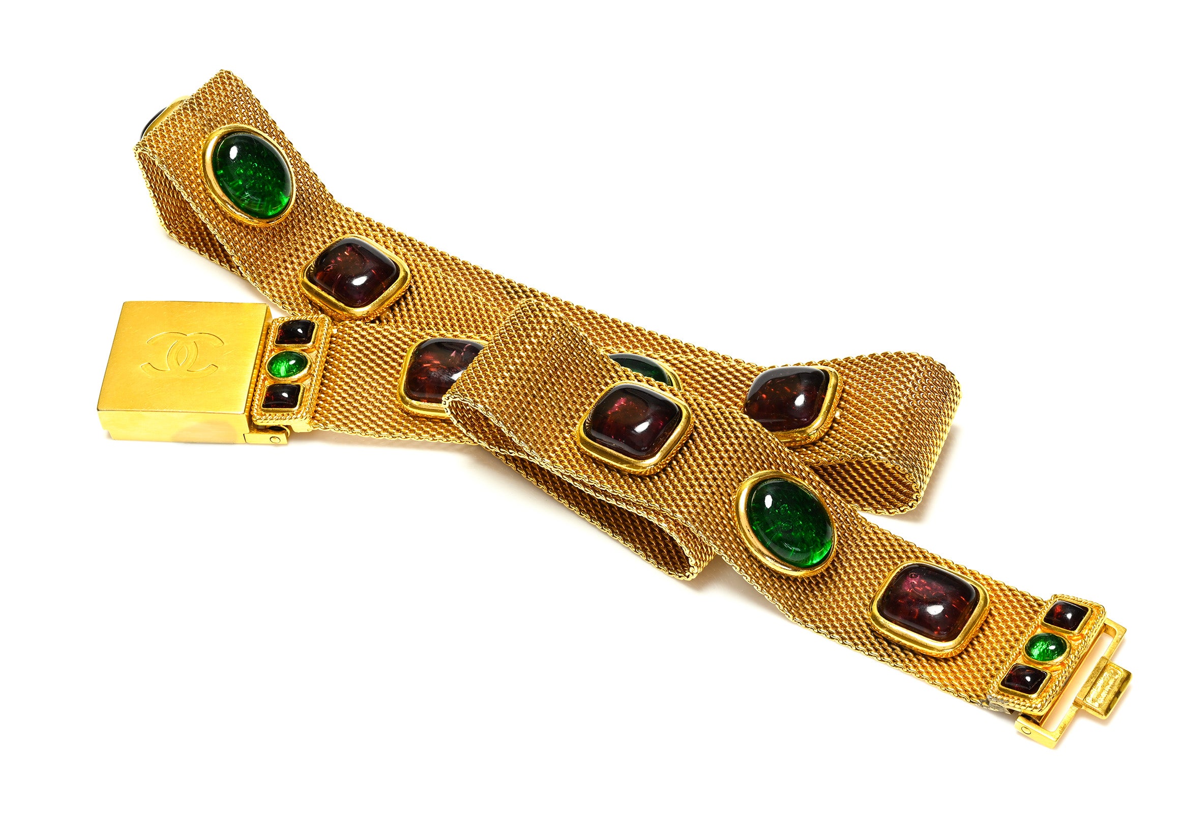 Vintage Chanel Paris Fall 1996 Maison Gripoix Red Green Glass Mesh CC Belt 1
