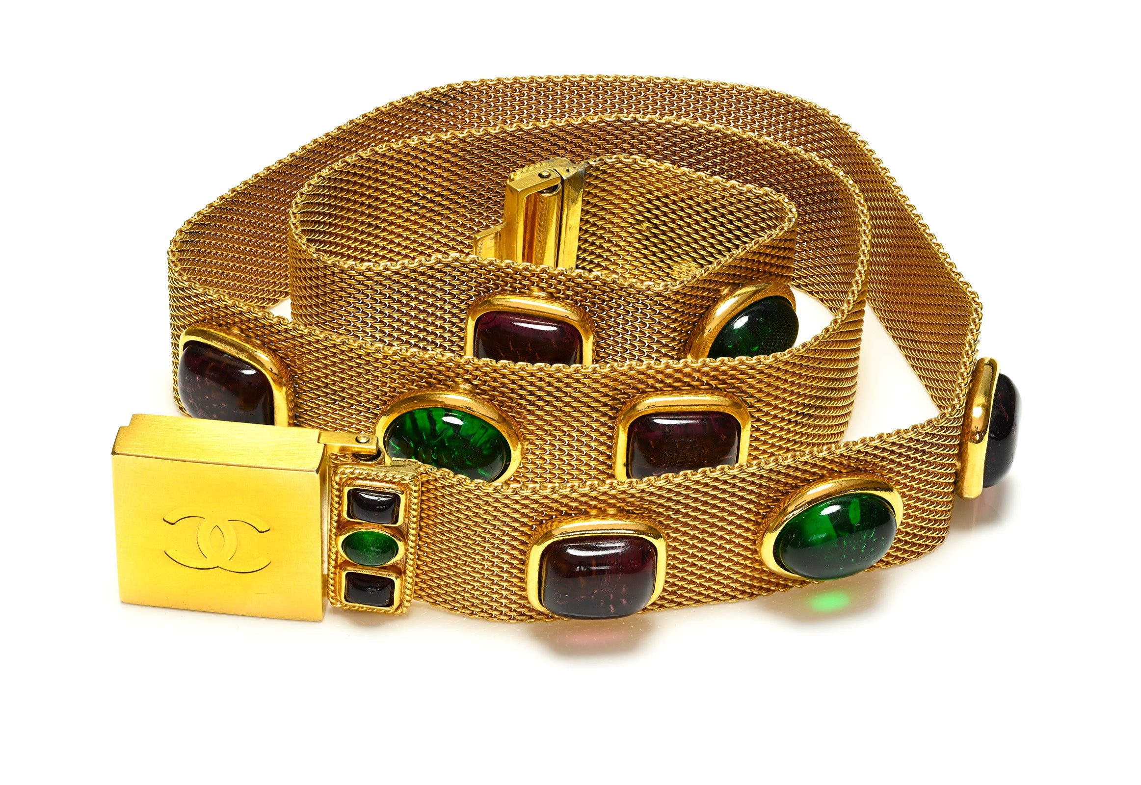 Vintage Chanel Paris Fall 1996 Maison Gripoix Red Green Glass Mesh CC Belt