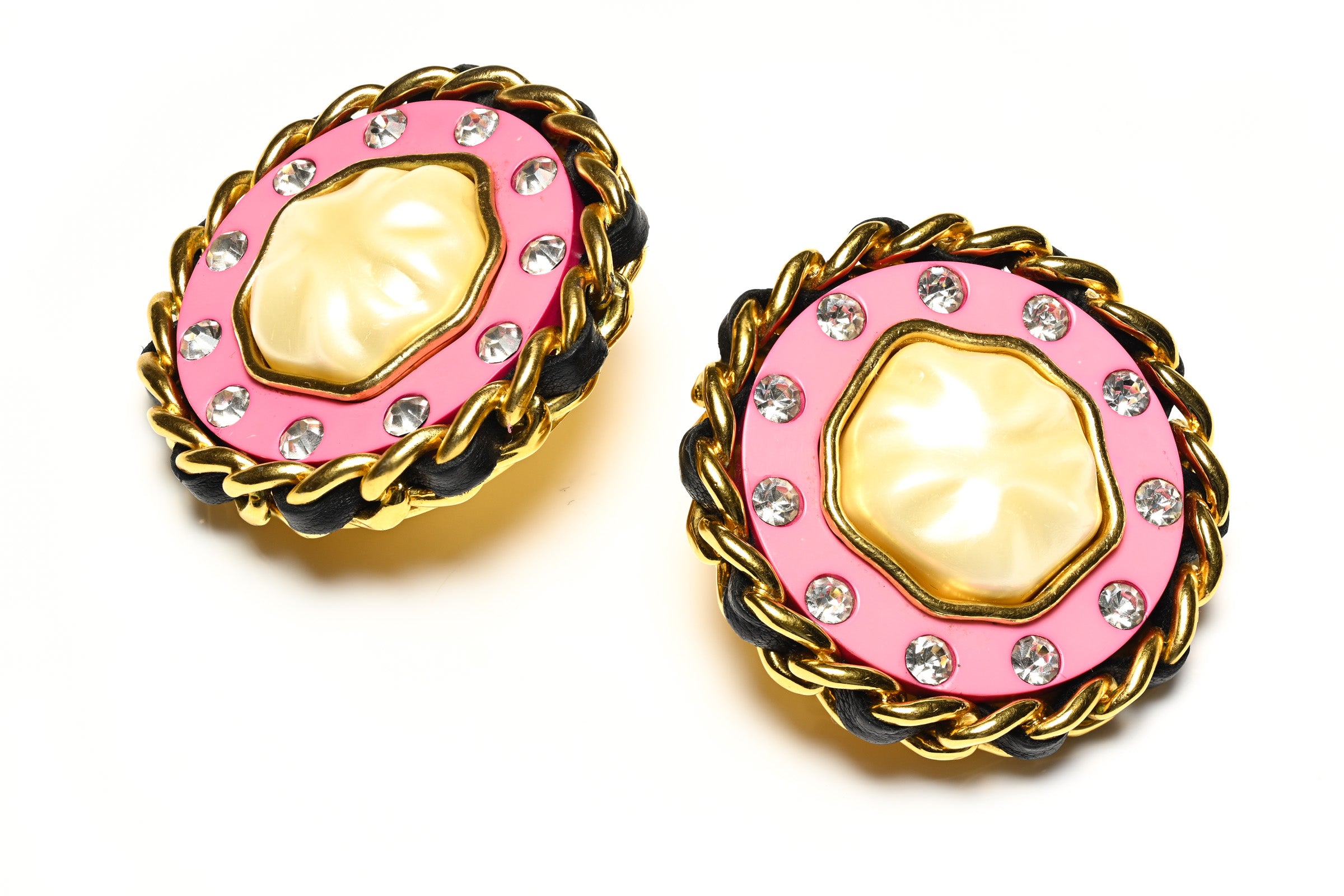 Chanel Paris Fall 1991 Pink Resin Pearl Crystal Chain Earrings