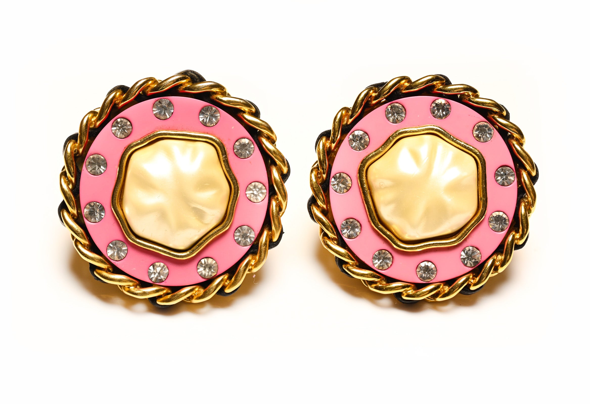 Chanel Paris Fall 1991 Pink Resin Pearl Crystal Leather Chain Earrings
