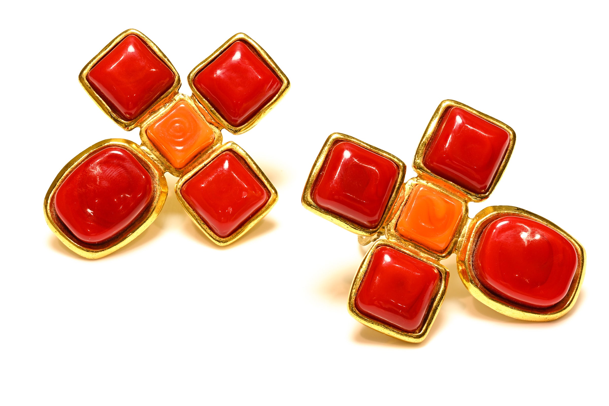 Vintage Spring 1993 Chanel Gripoix Red Orange Glass Cross Earrings