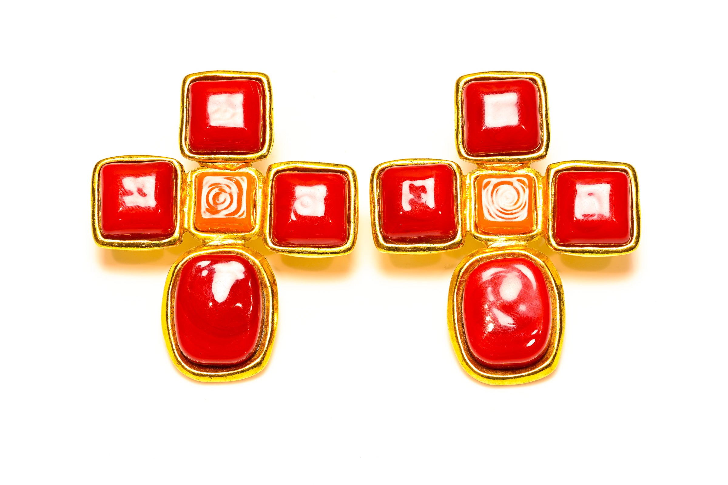 Vintage Spring 1993 Chanel Gripoix Red Orange Glass Cross Earrings 1