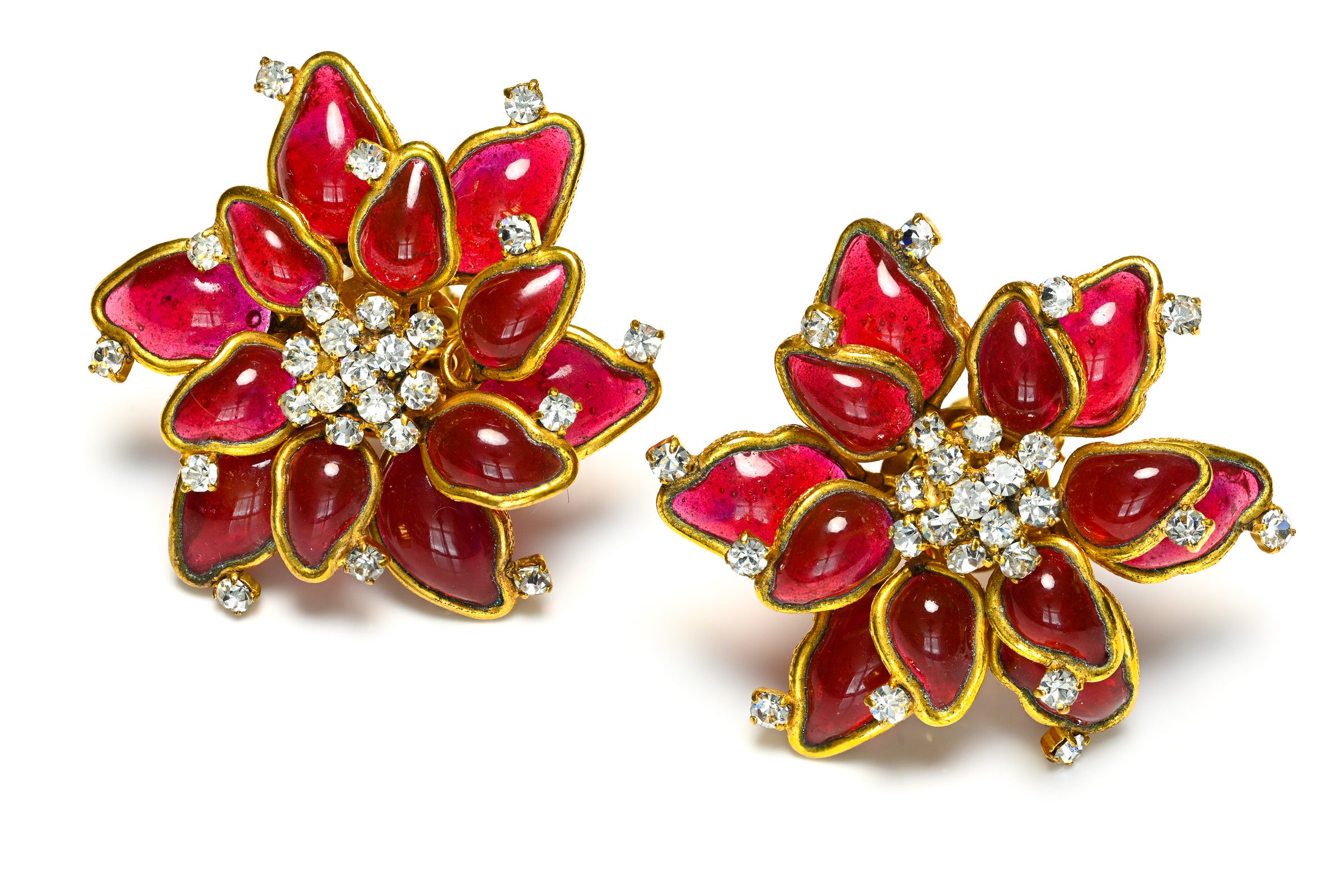 Vintage Chanel Paris Maison Gripoix Red Glass Camellia Flower Earrings