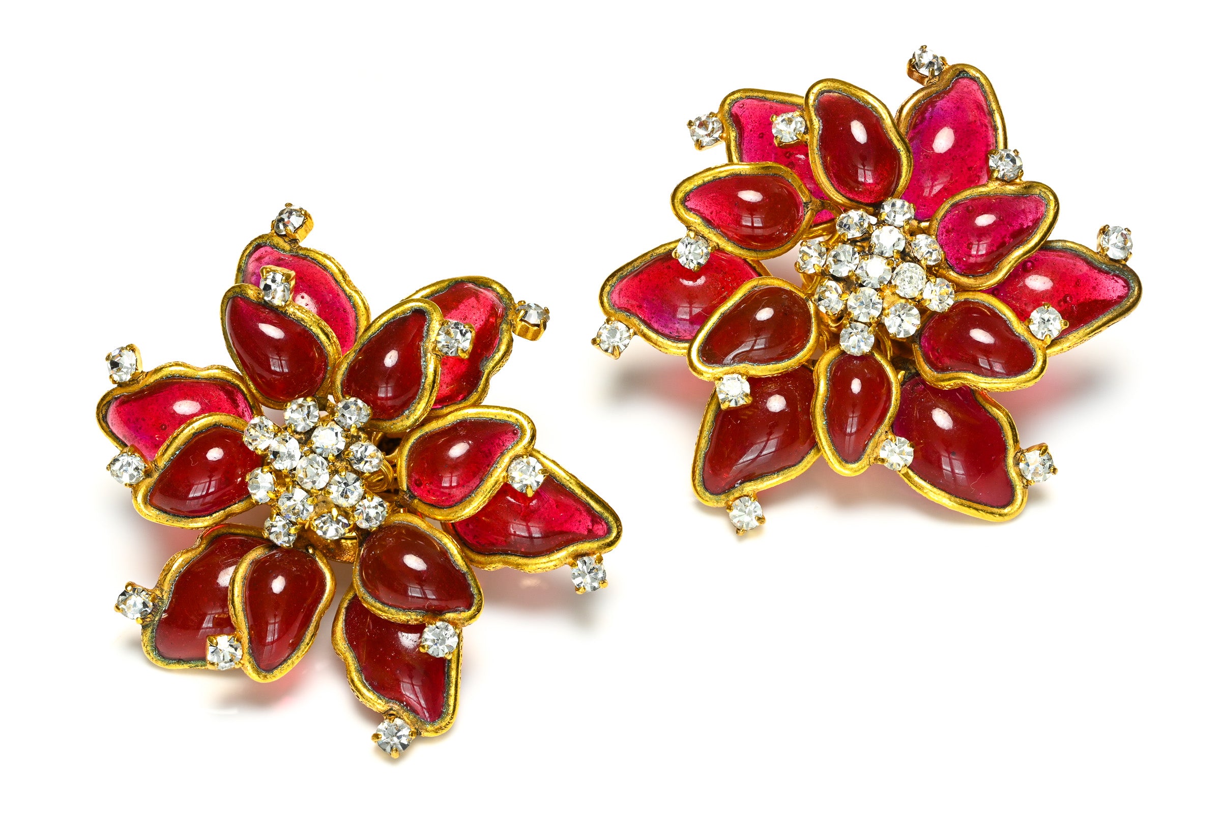 Vintage Chanel Paris Maison Gripoix Red Glass Camellia Flower Earrings 2