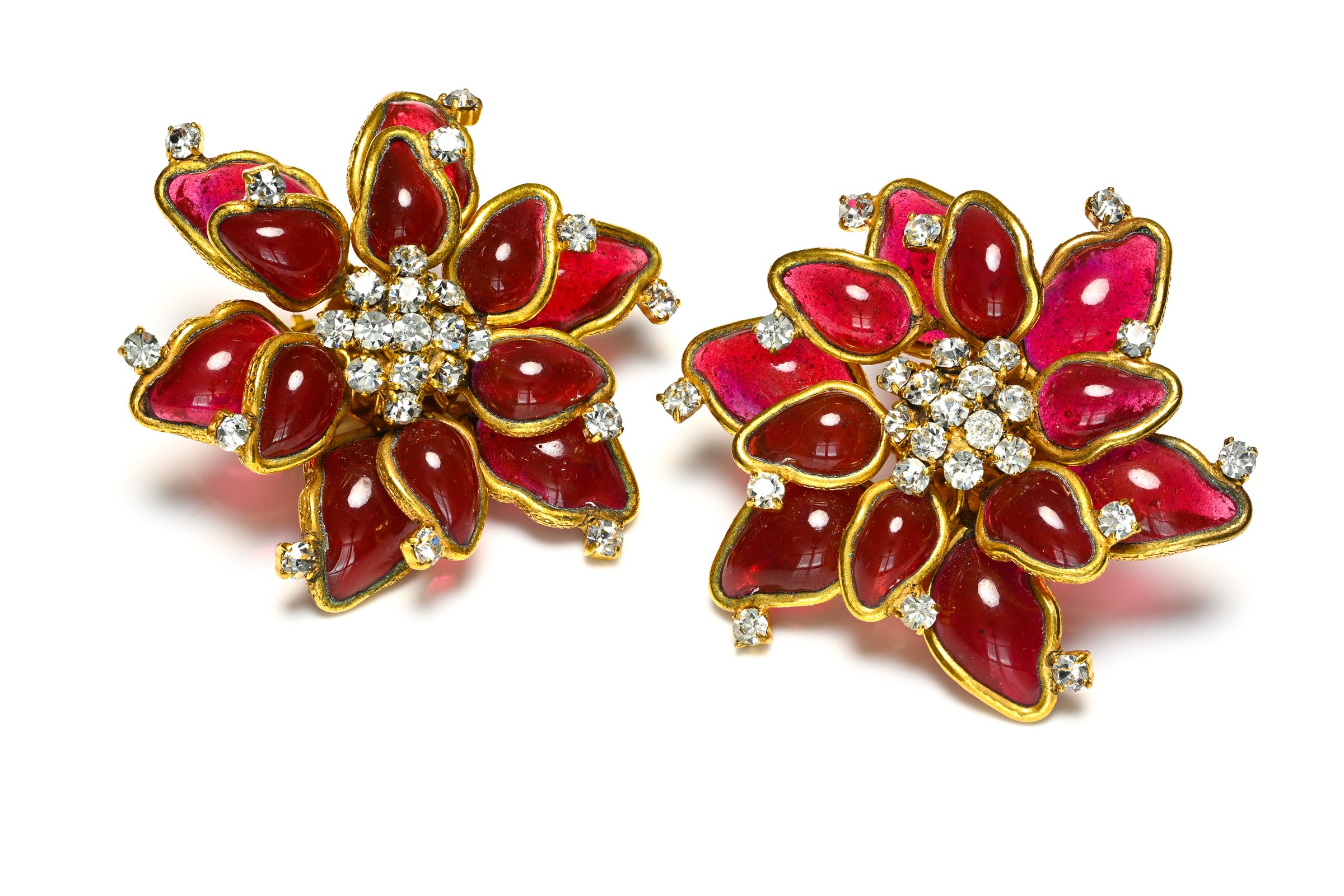 Vintage Chanel Paris Maison Gripoix Red Glass Camellia Flower Earrings 3