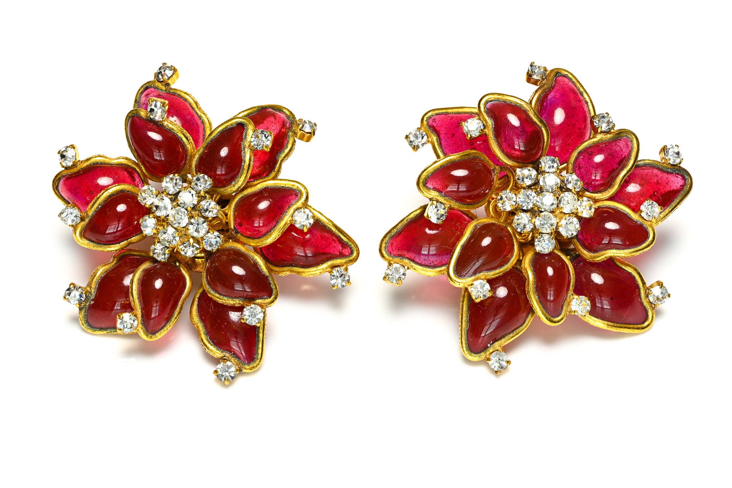 Vintage Chanel Paris Maison Gripoix Red Glass Camellia Flower Earrings 4