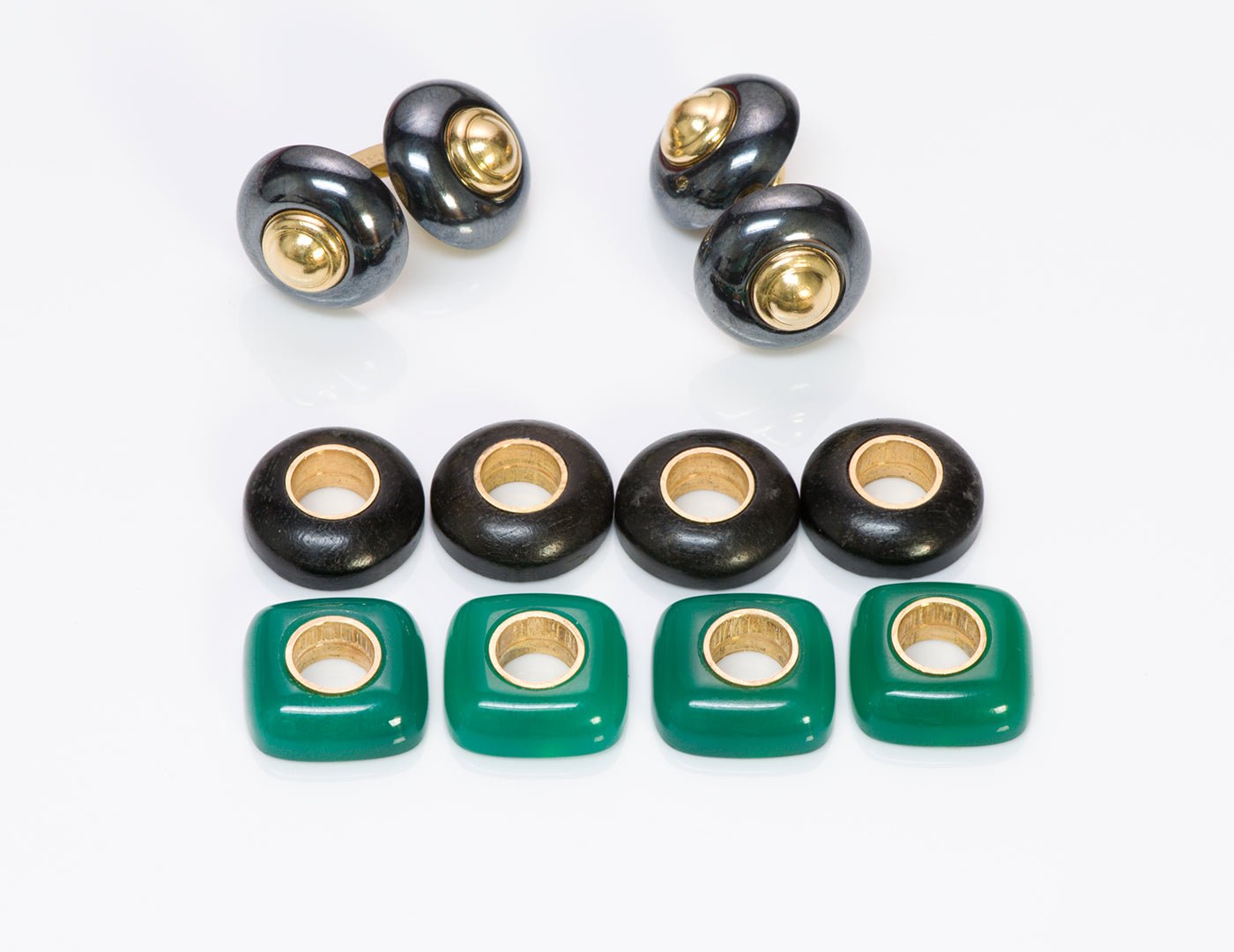 Chaumet 18K Gold Interchangeable Wood Hematite Green Onyx Cufflink Set