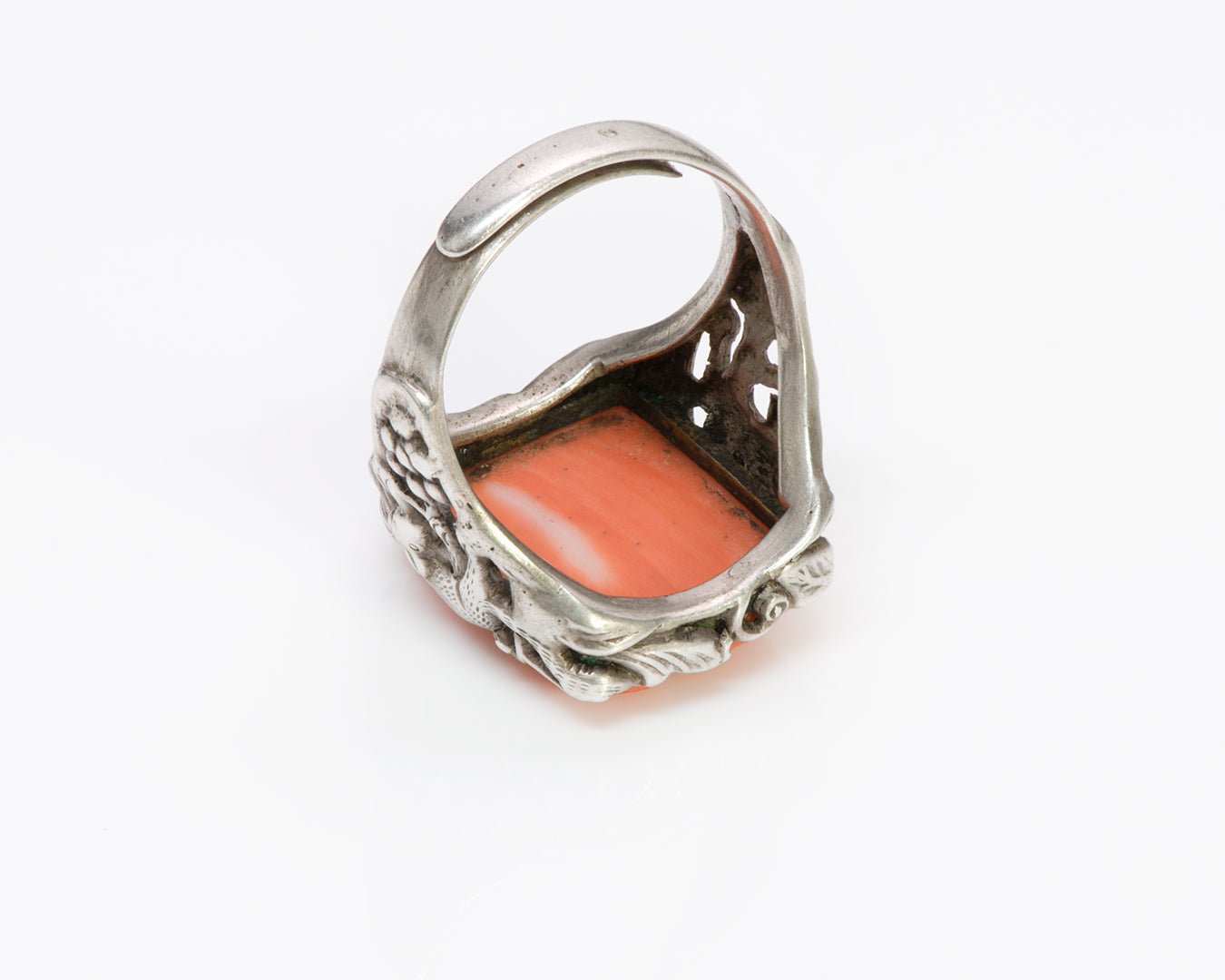 Chinese Carved Coral Silver Ring