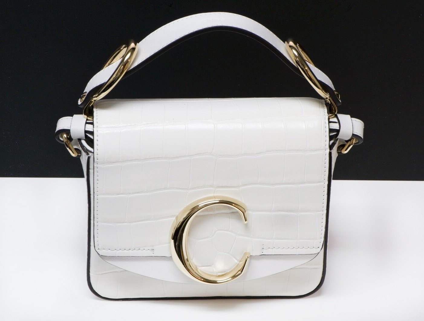 CHLOE C White Crocodile Print Embossed Leather Crossbody Mini Bag
