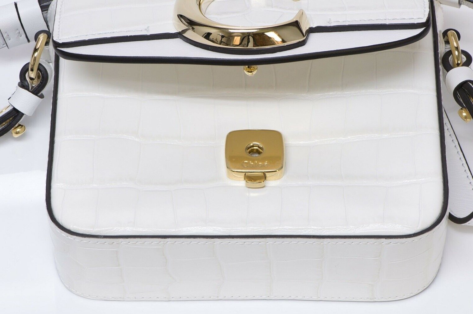 CHLOE C White Crocodile Print Embossed Leather Crossbody Mini Bag