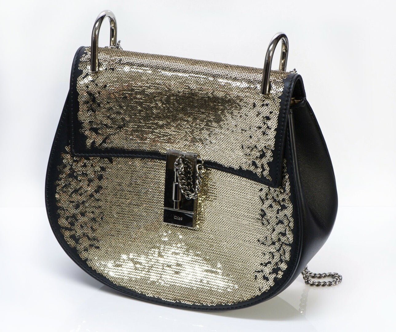 CHLOE "Drew" Sequin Black Leather Medium Crossbody Chain Bag