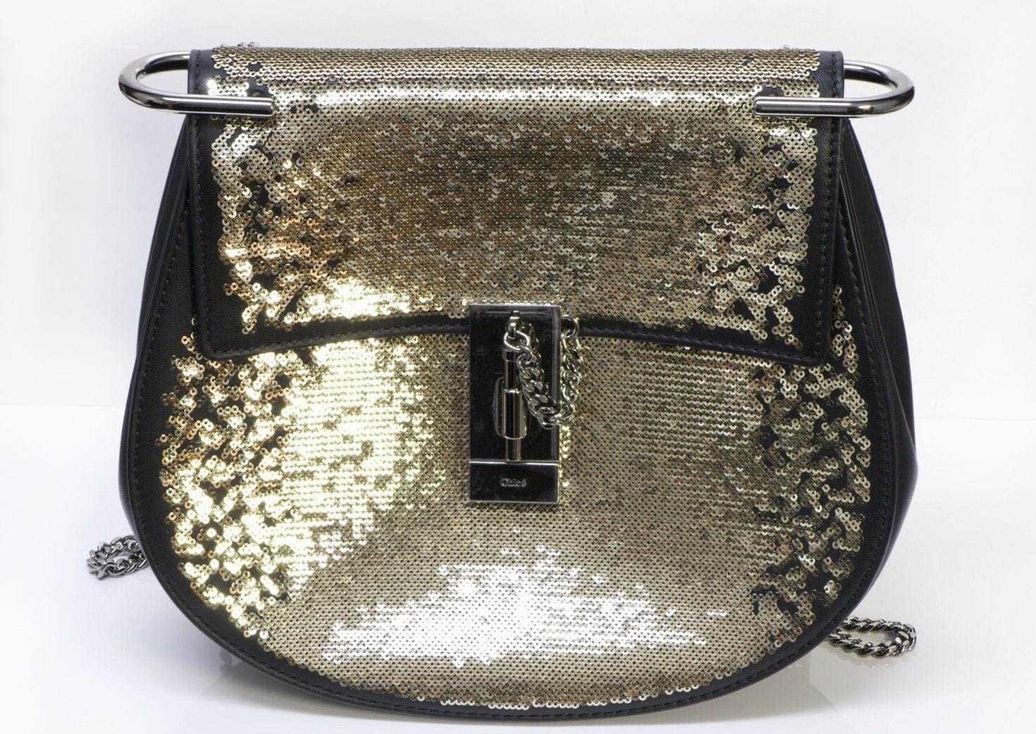 CHLOE "Drew" Sequin Black Leather Medium Crossbody Chain Bag
